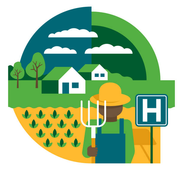 animated image of a farmer standing next to a hospital road sign with his farm and home in the background 